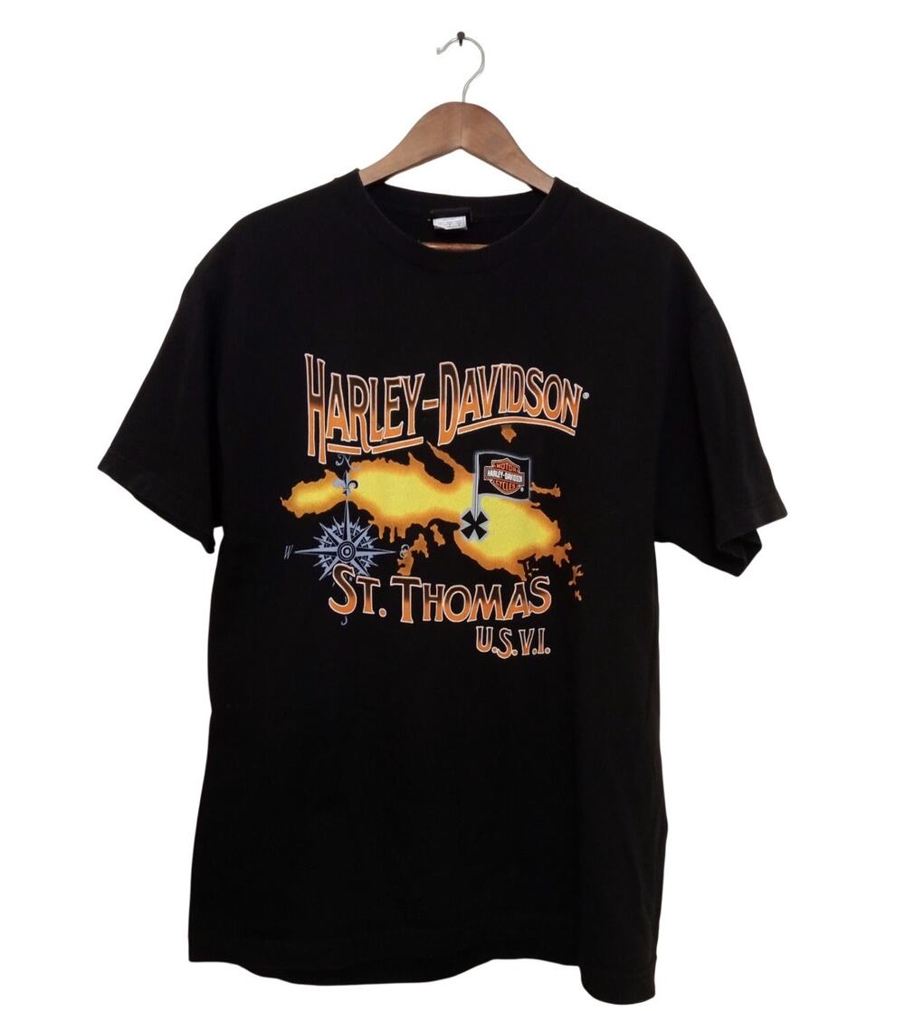 VTG Y2K Harley Davidson St Thomas USVI T Shirt Map Graphic Biker Souvenir SZ L